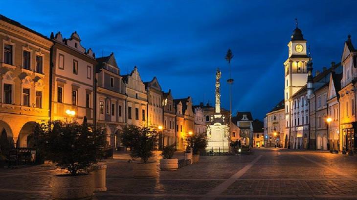 Picturesque towns in the Czech Republic: Main street in Třeboň at dusk