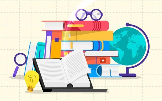 General knowledge test: illustration of textbooks, globe and magnifying glass