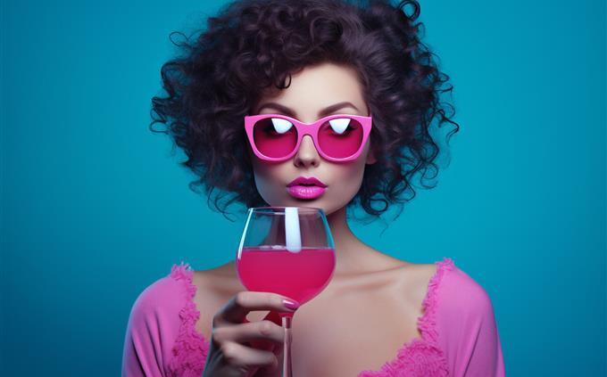 Pink shade personality test: woman with sunglasses and a glass of wine