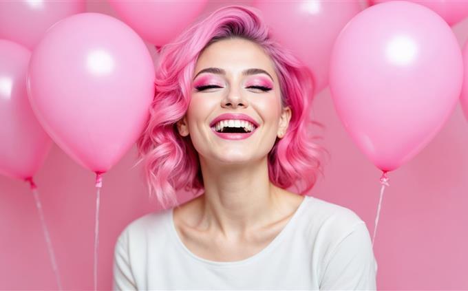 Pink shade personality test: smiling woman and balloons