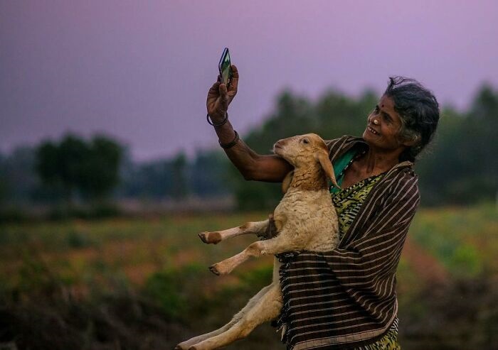 Cute animal photos: Elderly woman taking a selfie with a goat