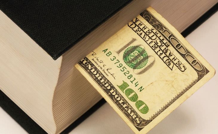 13 steps to success: a hundred-dollar bill as a bookmark in a book