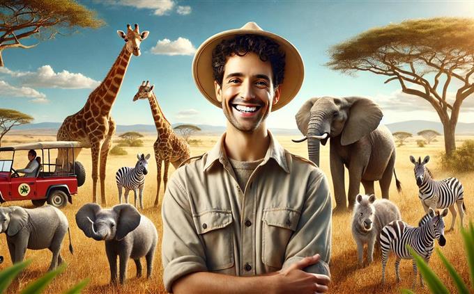 Trussian World: A safari guide surrounded by animals