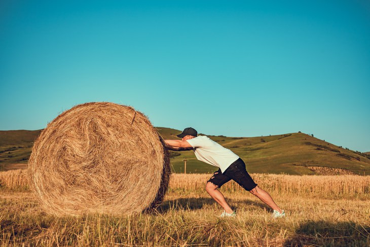 How to become more consistent and persistent in 3 steps: Man pushing hay in nature