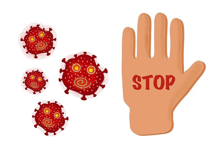 Health benefits of chives: Illustration of bacteria advancing toward a hand signaling 'stop'