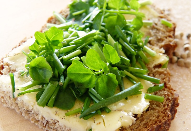 Health benefits of chives: Chopped chive leaves on a slice of bread spread with cheese