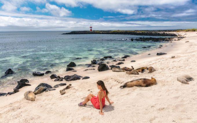 Trivia World Heritage Sites: A woman alongside seals in Galapagos Islands