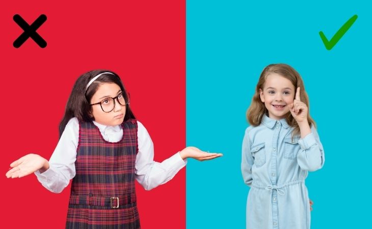 Questions that can reveal children’s happiness levels: a girl raising her finger versus a girl who doesn’t know the answer to a question