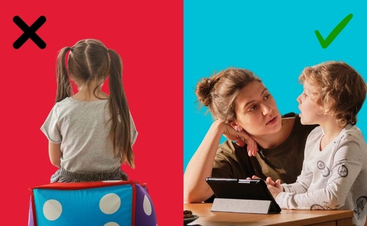 Questions that can reveal children’s happiness levels: a mom talking to a boy versus a girl sitting alone