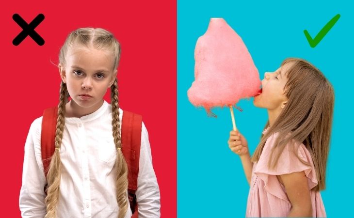 Questions that can reveal children’s happiness levels: a girl eating cotton candy versus a sad girl
