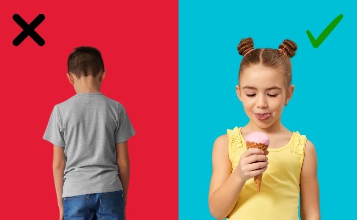 Questions that can reveal children’s happiness levels: a girl eating ice cream versus a boy standing with his face to the wall