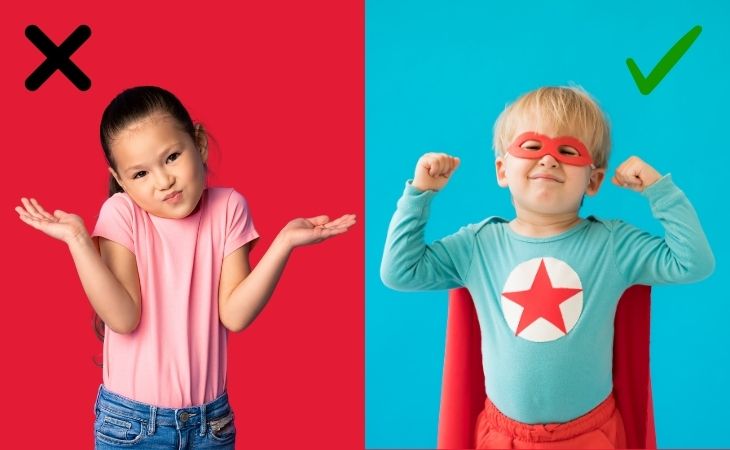 Questions that can reveal children’s happiness levels: a boy dressed as a superhero next to a girl raising her arms to the sides