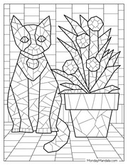 Mosaic coloring pages for adults: Cat and flowerpot