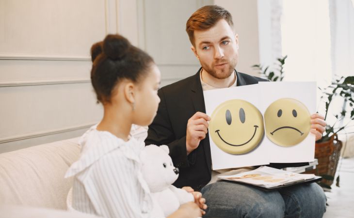 How to know if your child is hiding their feelings and what to do about it: A man holding papers with a smiling and sad face in front of a girl