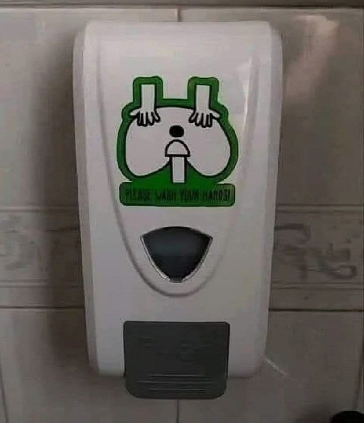 Failed designs and funny signs: Hand soap dispenser with a confusing illustration