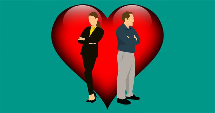 How to deal with overly sensitive partners: Illustration of a man and woman with their backs to each other against a heart background