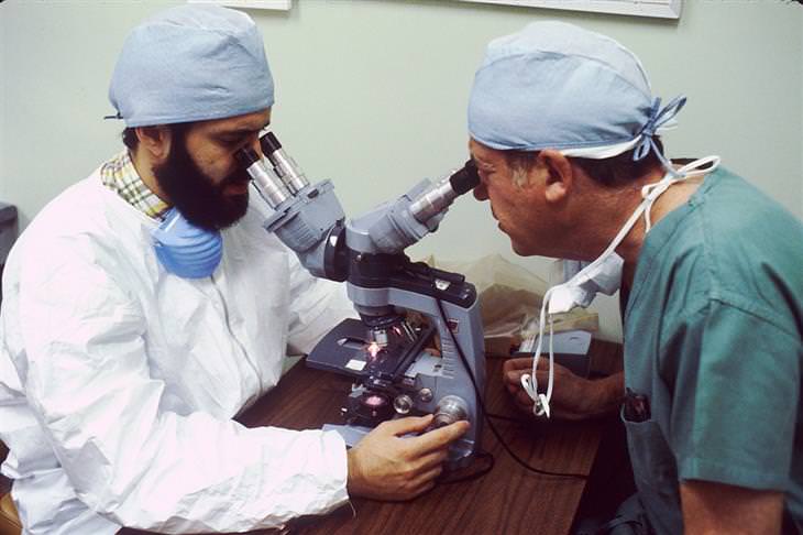 The risk of consuming aspartame: two doctors looking into a microscope