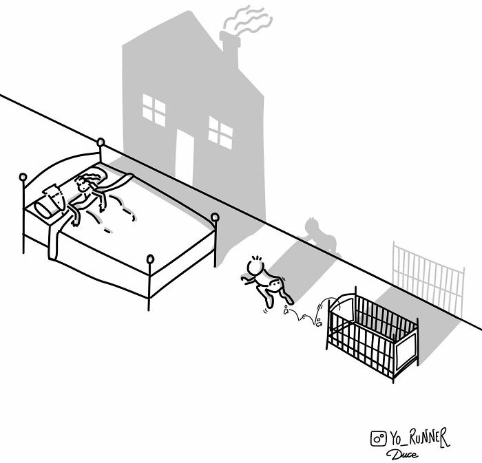 Simple and wonderful illustrations about parenting and life: a baby crawling into the parents' bed