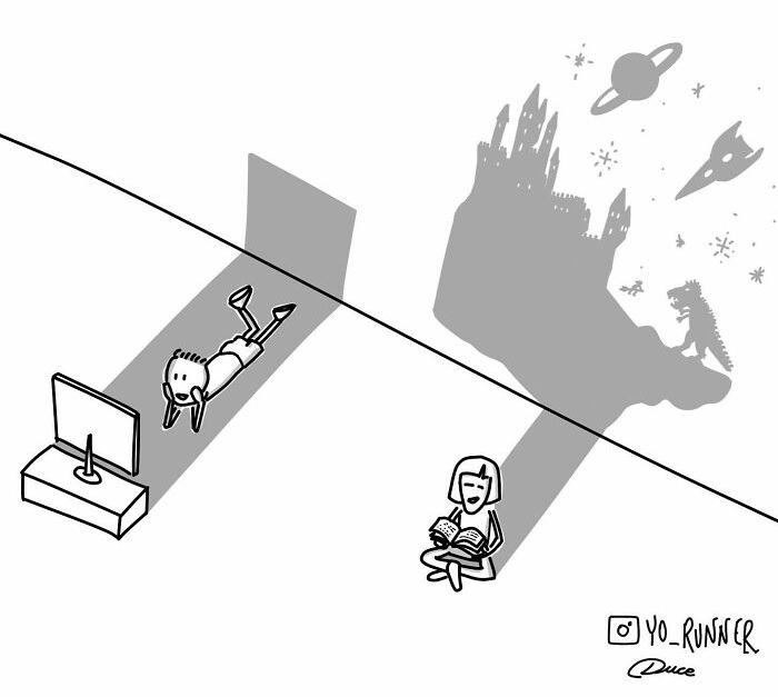 Simple and wonderful illustrations about parenting and life: a girl reading and a boy watching TV