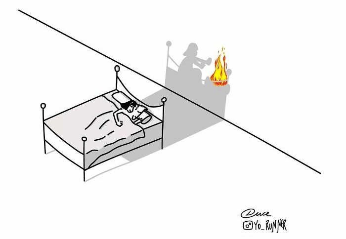 Simple and wonderful illustrations about parenting and life: a couple in bed