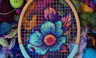 Intricate Embroidered Flowers on Vintage Tennis Rackets