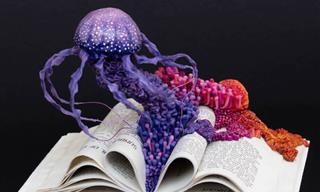 Paper Flower and Fungi Grow Out of Vintage Books