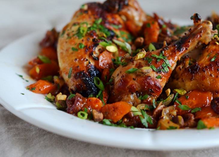 Roasted Chicken with Dates, Carrots, and Pistachios