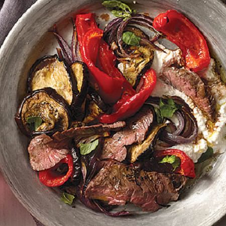 Steak Salad With Eggplant, Peppers, and Onion 